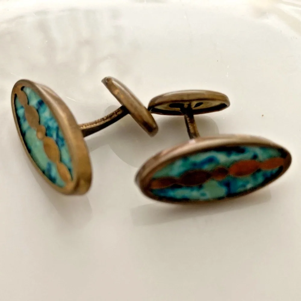 Vintage Early Art Deco Solid Brass Navette Turquoise Enamel Cufflinks